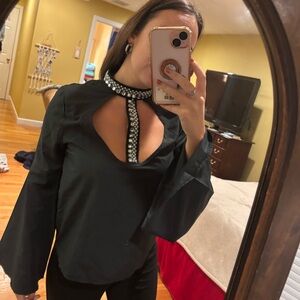 Boohoo Black Blouse with Embellished Keyhole Neckline